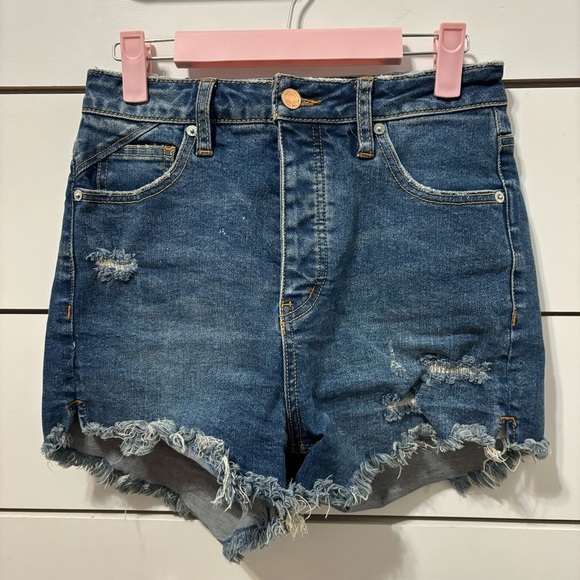 Free People Women’s CRVY Vintage Frayed Hem High Rise Shorts Lolita Blue - Picture 2 of 9